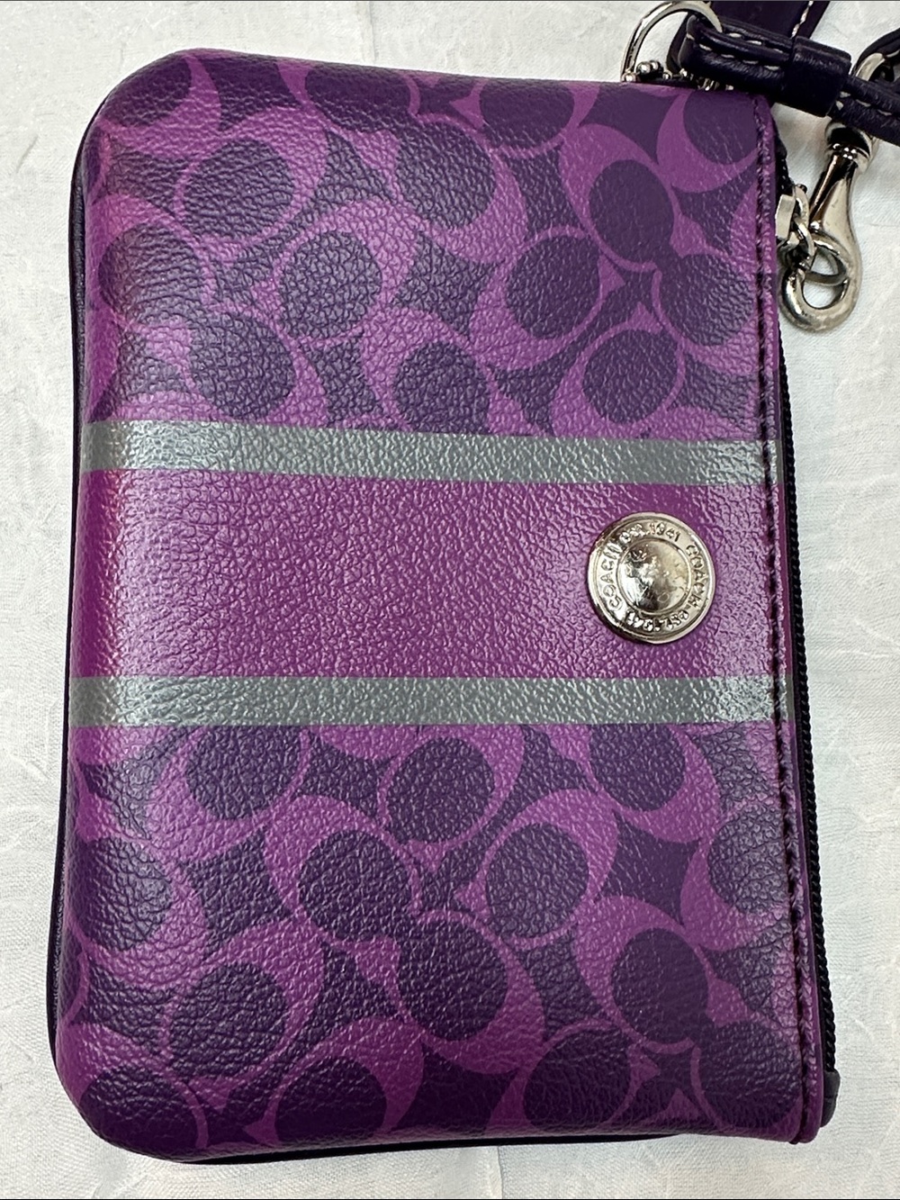 Coach Purple Signature Stripe Wristlet with Gray Accent